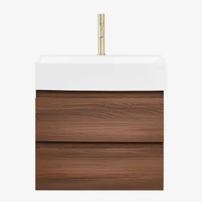 Badkamermeubelset Van Hout En Essenhoutfineer Met Geïntegreerde Wastafel Ona Donker Hout & Spiegelloze & Goud ↑20 Cm Met - Sklum