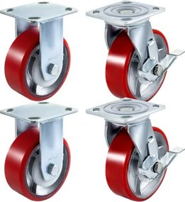 VEVOR 4-pack zwenkwielen 6 x 2 inch, 2 starre en 2 zwenkwielen met zijrem, polyurethaan ijzeren kernplaat, draagvermogen van 1000 lbs per wiel