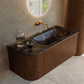 Mondiaz Kurve-dlux 105cm badmeubel ronding links walnut met 1 lade en deur en wastafel big small rechts zonder kraangat lava