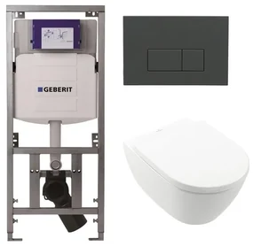 Villeroy Boch Subway 2.0 DirectFlush Toiletset - softclose - geberit reservoir - qeramiq bedieningsplaat bedieningsplaat antraciet mat - rechthoekige knoppen - wit 0701131/ga26028/SW729014/SW1182666/SW1102377