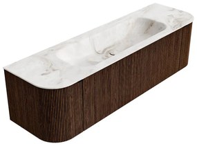Mondiaz Kurve-dlux 160cm badmeubel ronding links/rechts walnut met 1 lade en 2 deuren en wastafel big medium midden zonder kraangat frappe