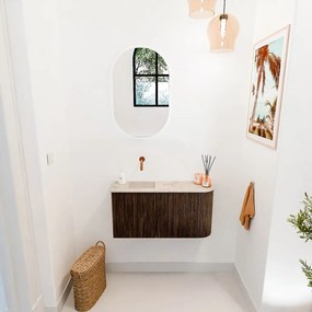 Mondiaz Joya DLux 80cm toiletmeubel ronding rechts walnut met wastafel faye links zonder kraangat frappe