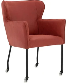 Goossens Excellent Eetkamerstoel Leogang rood leer met armleuning en met wielen, elegant chic