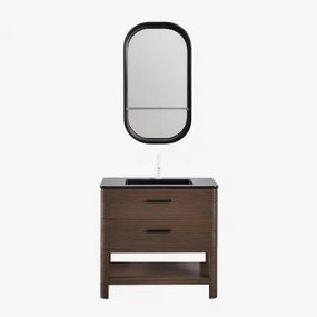 Badkamermeubelset In Hout Met Geïntegreerde Wastafel Misene Donker Hout & Ovaal Met Plank Zwart 50x90 Cm Warien & Wit ↑20 - Sklum
