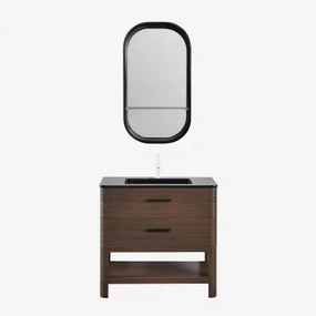 Badmeubelset 90x50 Cm Van Hout Met Geïntegreerde Wastafel Misene Wit ↑20 Cm Met Overloop Aftapventiel Orveta & Donker Hout & Ovaal Met Plank Zwart 50x