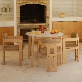 Set Van Ronde Tafel Ø100 Cm In Cement Xajul En 4 Tuinstoelen Van Acaciahout En Synthetisch Riet Ginara Lichte Acaciekleur - Sklum