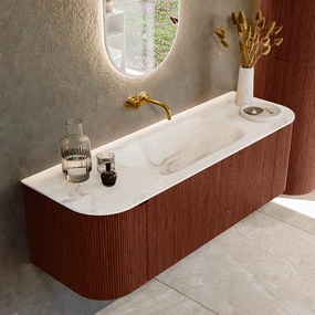 Mondiaz Kurve-dlux 140cm badmeubel ronding links/rechts ruby met 1 lade en 2 deuren en wastafel big small midden zonder kraangat frappe