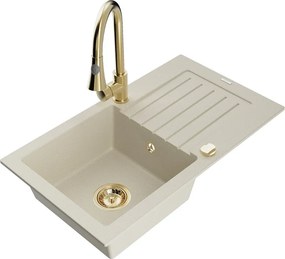 Mexen Pablo granitische gootsteen 1-komoers met afdruipplaat en keukenmenger Elia, beige - 6510-69-670101-50