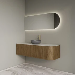 Gliss Design Alluro badmeubel ribbelfront met ronding rechts 140cm castle brown en wit marmer toppaneel