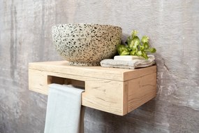 Saniclear Seba fontein met eiken plank en zwart-witte terrazzo waskom voor in het toilet