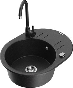 Mexen Kevin granieten spoelbak 1-komps met afdruiprek en keukenkraan Telma, zwart/zilver metallic - 6517-73-670200-70