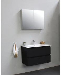 Basic Line Bella Badkamermeubelset - 80x55x46cm - 1 wasbak - Keramiek - Wit - 1 kraangat - Spiegelkast zonder verlichting - zijpanelen grijs - Melamine Zwart mat SWGA80MZP1SPK