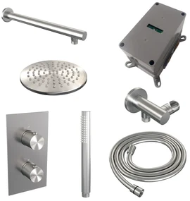 Brauer Brushed Carving complete inbouw regendouche set 25 met 20cm douchekop, rechte muurarm en staafhanddouche RVS geborsteld PVD