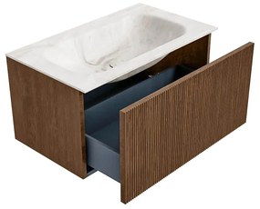 Mondiaz Kurve-dlux 80cm badmeubel walnut met 1 lade en wastafel big small midden 1 kraangat frappe