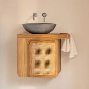 Georgy Zwevend Badkamermeubelset 60x40 Cm In Teakhout Teakhout & Rond Grijs Cement Ø40 Cm Tarsis & Spiegelloze & Geborsteld Grijs Ingebed Met Aftapkra