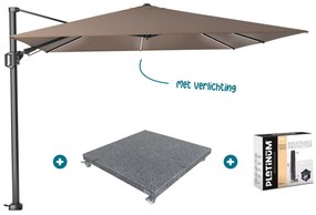 Platinum Challenger Zweefparasol T2 Premium Glow 3x3 m. - Havana Taupe met voet en hoes
