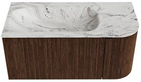 Mondiaz Kurve-dlux 95cm badmeubel ronding rechts walnut met 1 lade en deur en wastafel big small links zonder kraangat glace