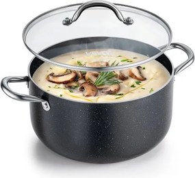 VEVOR 7,6L soeppan van aluminiumlegering met antiaanbaklaag, glazen deksel, PFOA- en PFAS-vrij, geschikt voor gas-, inductie- en elektrische fornuizen, ideaal voor soepen, stoofschotels en pasta.