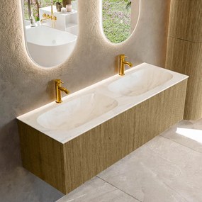 Mondiaz Kurve-dlux 140cm badmeubel dusk met 2 lades en wastafel stor small dubbel 2 kraangaten ostra