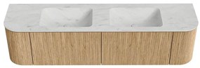 Mondiaz Kurve-dlux 180cm badmeubel ronding links/rechts oak met 2 lades en deuren en wastafel leaf dubbel 2 kraangaten opalo
