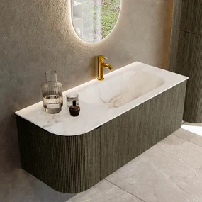 Mondiaz Kurve-dlux 115cm badmeubel ronding links shadow met 1 lade en deur en wastafel big small kraangat rechts frappe