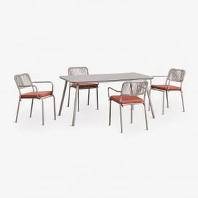 Rechthoekige Eettafelset 160x90 Cm Met 4 Stapelbare Eetkamerstoelen Van Gevlochten Touw Arhiza Mokka Bruin - Terracotta - Sklum