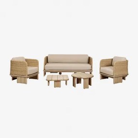 Tuinset Met 3-zitsbank, 2 Fauteuils En 2 Salontafels In Rotan En Acaciahout Famara Lichte Acaciekleur - Sklum