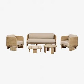 Tuinset Met 3-zitsbank, 2 Fauteuils En 2 Salontafels Van Rotan En Acaciahout Famara Lichte Acaciekleur - Sklum