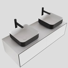 Zaro Lagom volledig naadloos solid surface onderkast met topblad 120cm mat zwart met 2 lades Push tot open. Compleet met solid surface opzetkom met 2 kraangat(en)