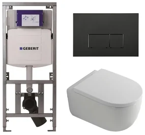 QeramiQ Dely Swirl Toiletset - 36.3x51.7cm - diepspoel - rimless - Geberit UP320 Burda inbouwreservoir - 35mm zitting - mat zwarte metalen bedieningsplaat - rechtehoekige knoppen - wit mat 0701131/SW706193/SW1000767/SW1026257