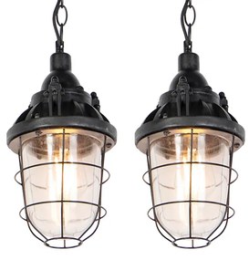 QAZQA Set van 2 industriële hanglampen zwart - Cabin Industriele / Industrie / Industrial E27 rond Binnenverlichting Steen / Beton Lamp