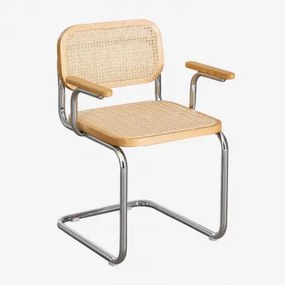 Set Van 4 Eetkamerstoelen Met Armleuningen Van Rattan En Staal Tento Natuurlijk Hout & Grijs – Chroom - Sklum