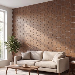 Hexagon Panel Walnoot met Grijs Vilt 81CM | Akoestisch | Wanddecor | Zeshoekig- Grijs vilt
