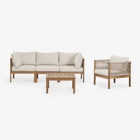 Woonkamerset Met 3-delige Modulaire Bank Met Armleuningen, Fauteuil En Salontafel Van Branson Acaciahout Wit Gardenia - Bruin Acacia - Sklum
