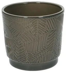 Bloempot, aardewerk, grijsgroen met palmbladmotief,Ø 14 cm