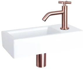Differnz Ravo fonteinset - 38.5x18.5x9.5cm - Rechthoek - 1 kraangat - Gebogen koperen kraan - kruisgreep - Keramiek Wit 38.400.81