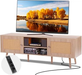 VEVOR Rotan TV-meubel, Retro TV-meubel voor 165 cm TV, Boho Rotan TV-meubel met ingebouwde stopcontact &amp; USB-poorten, Verstelbare planken voor Woonkamer, Mediaruimte, Eiken