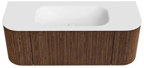 Mondiaz Kurve 120cm badmeubel ronding links/rechts walnut met 1 lade en 2 deuren en wastafel big small midden zonder kraangat
