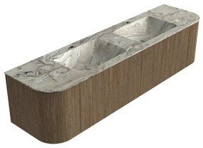 Mondiaz Kurve-dlux 180cm badmeubel ronding links/rechts dusk met 2 lades en deuren en wastafel leaf dubbel 2 kraangaten glace