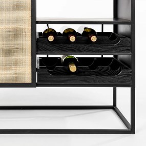 Wijnkast Japandi Zwart Met Rotan - 80x38x100cm.