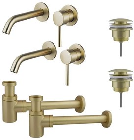 Fortifura Calvi Slim Wastafelkraanset - voor dubbele wastafel - inbouw wastafelkraan - klikwaste plug - verlaagde design sifon - Geborsteld Messing PVD (Goud) 2x SW1171115/2x SW696202/2x SW696218