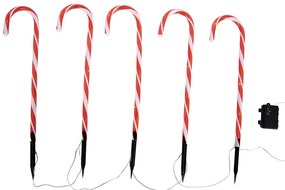 Set van 5 kerst prikspots rood met wit zuurstok incl. LED met timer IP44 - Melchior