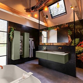 Mondiaz Erin 150cm badmeubel Army met 2 lades en beige wastafel rechts zonder kraangaten