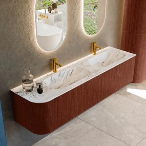 Mondiaz Kurve-dlux 175cm badmeubel ronding links ruby met 2 lades en 1 deur en wastafel stor small dubbel/rechts 2 kraangaten glace