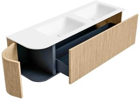 Mondiaz Kurve 145cm badmeubel ronding links oak met 1 lade en deur en wastafel cloud dubbel/rechts zonder kraangat