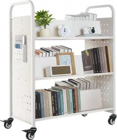 VEVOR Boekenwagen, draagvermogen 150 kg, Bibliotheekwagen, 97 x 51,5 x 122,5 cm, dubbelzijdige W-vormige boekenplank met dubbele remwielen, Boekenplankwagen voor woonkamer, kantoor, school, wit