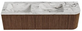 Mondiaz Kurve-dlux 155cm badmeubel ronding rechts walnut met 2 lades en 1 deur en wastafel leaf dubbel/links zonder kraangat glace