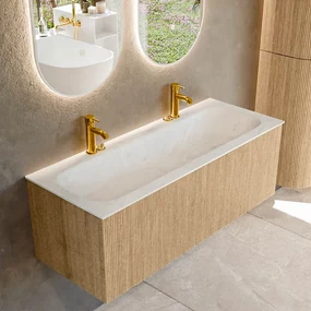 Mondiaz Kurve-dlux 120cm badmeubel oak met 1 lade en wastafel big large midden 2 kraangaten opalo