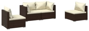 vidaXL 4-delige Loungeset met kussens poly rattan bruin