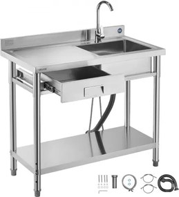 VEVOR RVS spoelbak (100 x 50 x 94 cm), enkele kom met kraan en lade, keukengootsteen voor garage, restaurant, wasruimte, buitenwasbak met werkblad (links)